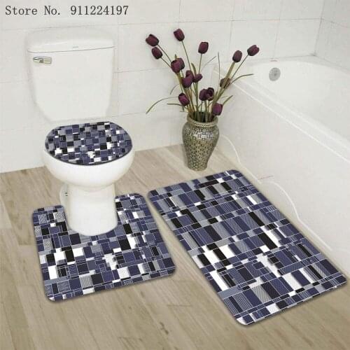 Simple Geometric Plaid Printing Bath Mat Set Anti-Slip Doormat Bathroom Cover Toilet Seat Mat Bath Rug Accessories For Toilet