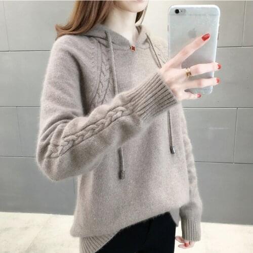 2020 New Autumn Winter Lazy Style Loose Pullover Sweater Womens Coat Solid Color Long Sleeve Hooded Clothes Tops Female