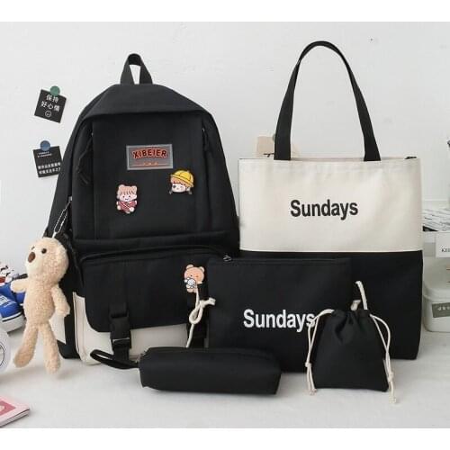 5 Pcs Set Schoolbag Women Laptop Backpack kawaii Schoolbags For Teenage Girls children Canvas Book Bag Student Kids Rucksack