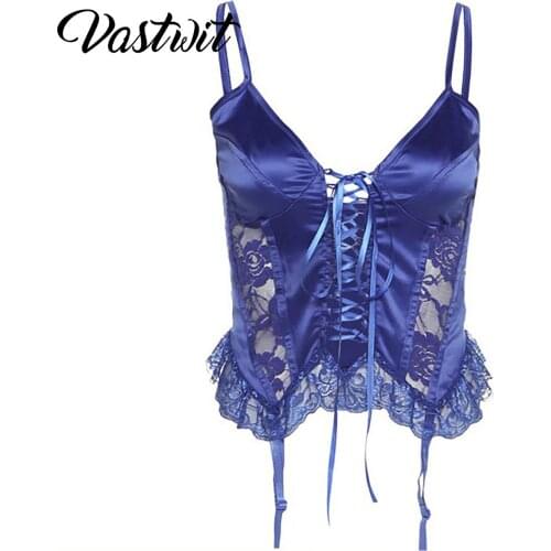 Blue Lace Patchwork Camisole Women Y2K Lace-up Shiny Clubwear Sexy Low Cut Asymmetrical Hem Tank Tops with Garters