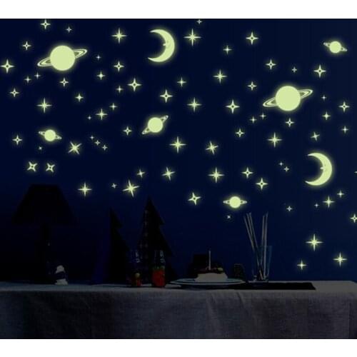 Satellite Moon Planet Stars Dots Yellow Luminous Wall Sticker Children Room Ceiling Stairs Decoration Fluorescent Mural Decals