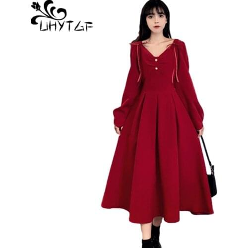 UHYTGF Long Sleeve Spring Dress Womens Red Black V-Neck Vintage Sexy Dresses Elegant Princess Casual 4XL Plus Size Clothes 1303