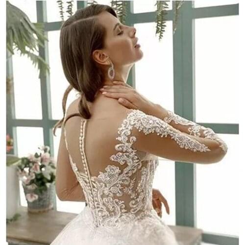Vestido de novia de larga y cuello redondo, transparente, ilusión trasera, blanco, Apliques de encaje