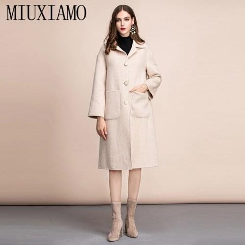 MIUXIMAO TOP QUALITY 2019 fall Winter coat 100% Pure Wool Single Breasted Eleghant OverCoat Women Long Coat vestidos with Pocket
