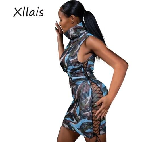 XLLAIS Print Camouflage Mesh Bandage Dresses Women Sexy Sleeveless Bodycon Slim Vestidos Female Summer Holiday Clubwear Outfits