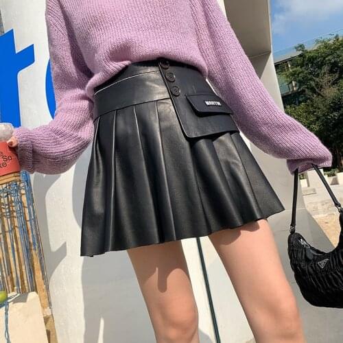 2021 spring and autumn new sheepskin leather skirt slim high waist A-line pleated skirt fashion umbrella skirt women