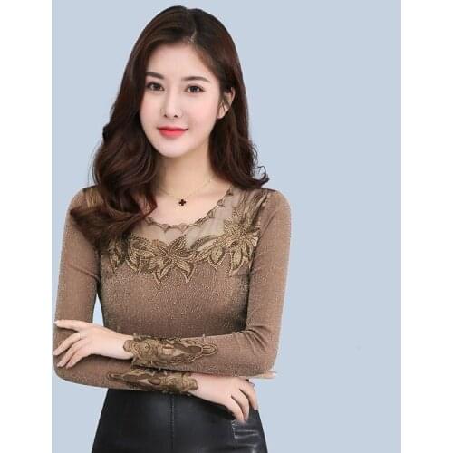 Women Blouse 2021 Bright Yarn Mesh Lace Shirt Round Neck Womens Long Sleeve Top Blusas Mujer De Moda