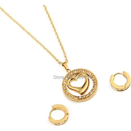 Women Fashion Jewelry Sets Gold Pendant With Heart Beacutiful Choker Necklace Earring Stainless Steel Chain Necklace For Party