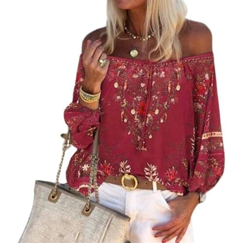 Boho style Women Blouses Vintage Lacing Stitching Off Shoulder Floral Print String Blouse Top Shirt for women female