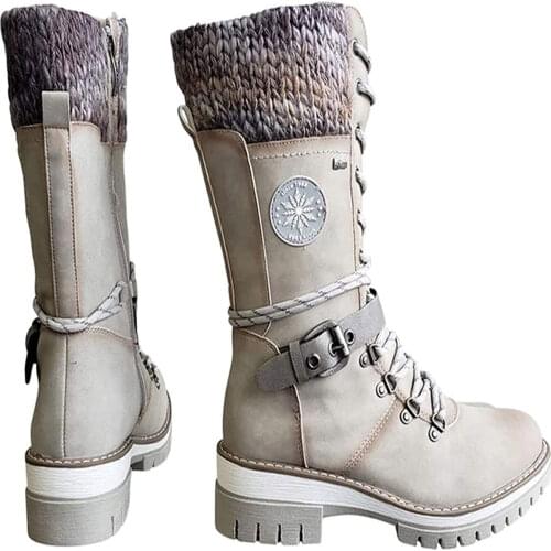 Women Knitted Mid-high Boots Wool Stitching Marti Boots Women Mid Height Leather Boots Warm Winter Boots With Side Zipper