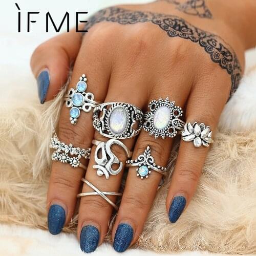 IF ME Vintage Big Opal Stone OM Flower Ring Sets for Women Boho Silver Color Crystal Knuckle Rings Set Statement Finger Jewelry