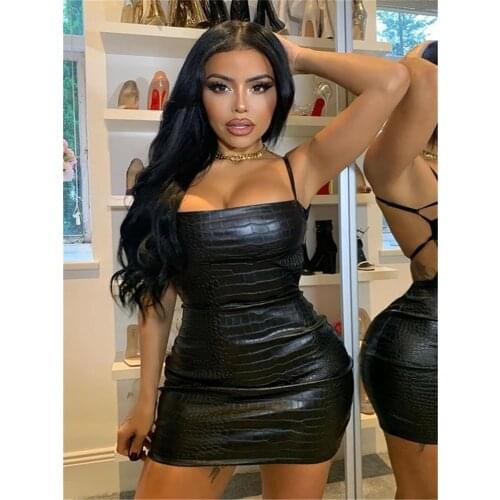 Women Fashion Solid Color PU Leather Bodycon Dress Summer Sexy Crocodile Texture Backless Suspender Mini Dress Nightclubs