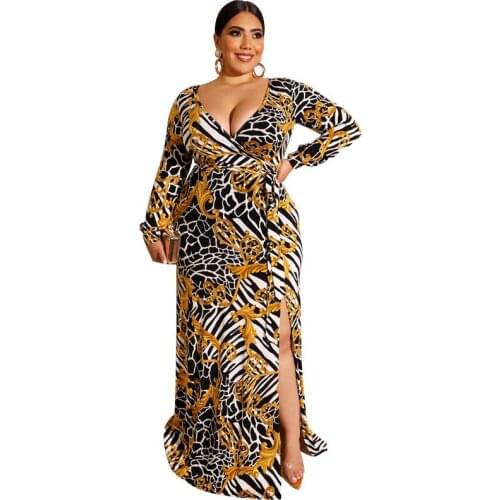 2020 Fashion Women Summer V Neck Long Sleeve Dress Plus Size 5XL Female Printing High Split Sexy Party Dresses Maxi Long Dress