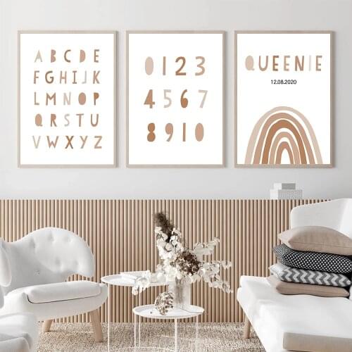 Abstract Rainbow Name Custom Wall Art Poster Brown Arabic Numerals Canvas Painting ABC Alphabet Art Print Nordic Kids Room Decor