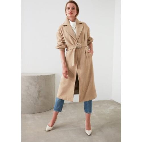 Stone Ring Buckled Belt Detail Long Stamp Coat TWOAW20KB0029