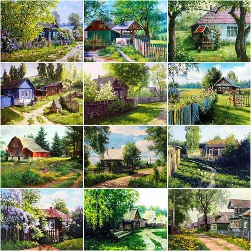Evershine Diamond Painting House Full Square Round Diamond Embroidery Village Scenery 5D DIY Mosaic Spring Home Decoration Art