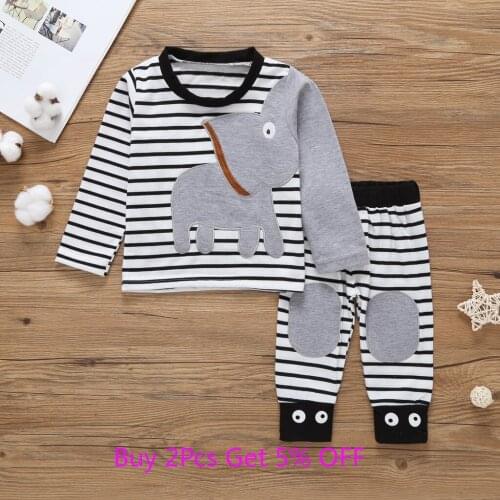 New Newborn 2 Pcs Infant Baby Boy Girl Clothing Set Long Sleeve Striped Elephant Romper Kid Tops T-shirt+Leggings Outfit Clothes