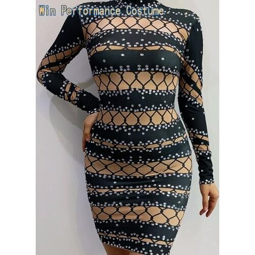 Anniversary Skinny Wrap hip Rhinestone Dresses female singer Dj host gogo red mesh transparent skirt evening dress stage costume