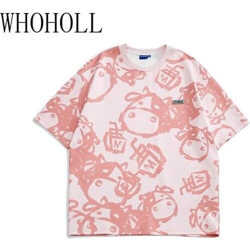 WHOHOLL Casual Tshirts For Women Lovely Cartoon Print Short Sleeve T-shirt Mens Street BF Loose Couple Casual T-shirt