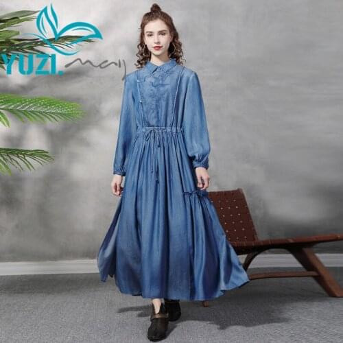 Dress For Women 2021 Yuzi.may Boho New Denim Dresses Turn-down Collar Lantern Sleeve Drawstring Waist Cheong-sam Vestidos A82361