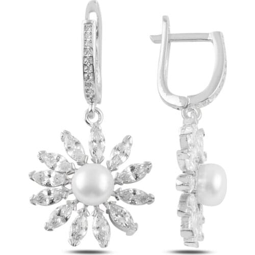 Silver 925 Sterling Daisy Pearl & Zircon Crystal Earrings