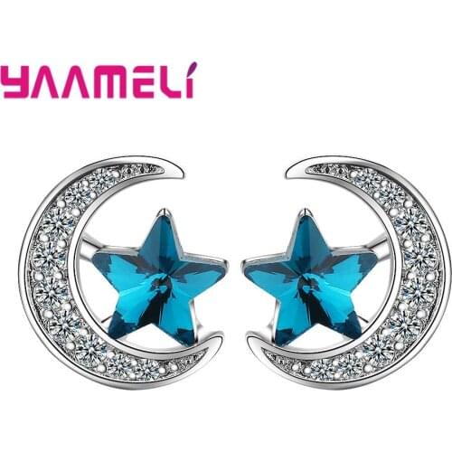100% Brand New Shinning Rhinestone Star & Moon Stud Earrings For Women/Ladies/Girls Trend Wedding Party Blue Zircon Star Earring