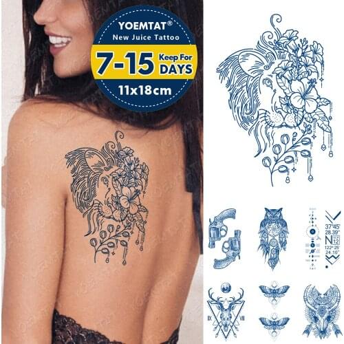 Juice Lasting Ink Tattoos Body Art Waterproof Temporary Tattoo Sticker Lion Flowers Tatoo Arm Fake Owl Moth Deer Tatto Women Men