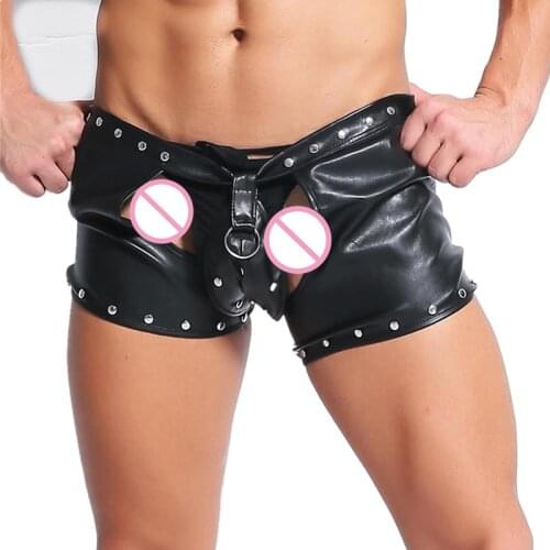 Sexy Mans Underwear Open Butt Faux Leather Boxer Shorts Trunks PU Leather Rivet Boxers Men Sexy Underpants Clubwear Gay Panties