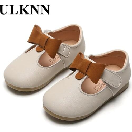 ULKNN Princess Toddlers Girls Leather Shoes T-strap With Bow-knot Kids Flats Cut-outs Dress Shoes Soft 2021 Spring New Sweet