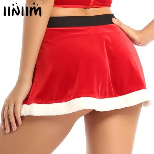 Iiniim Womens Girls Sexy Skirts for Flannel Christmas Clubwear X-mas Faux Fur Trim Skirt Fancy Costume Festival Party Miniskirt