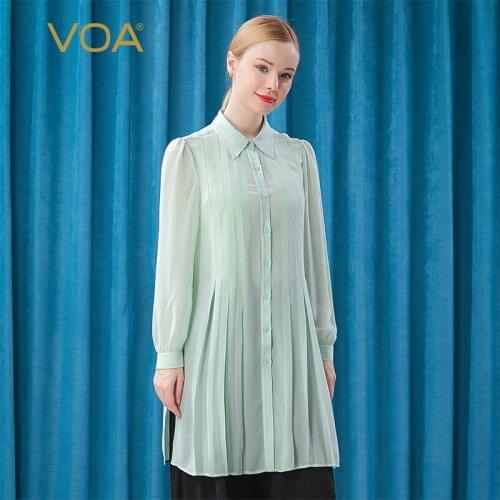 VOA 20m/m Silk Jacquard Light Green Small Lapel Bump Stitching Yellow Line Decoration Single-breasted Long-sleeved Shirt BE330