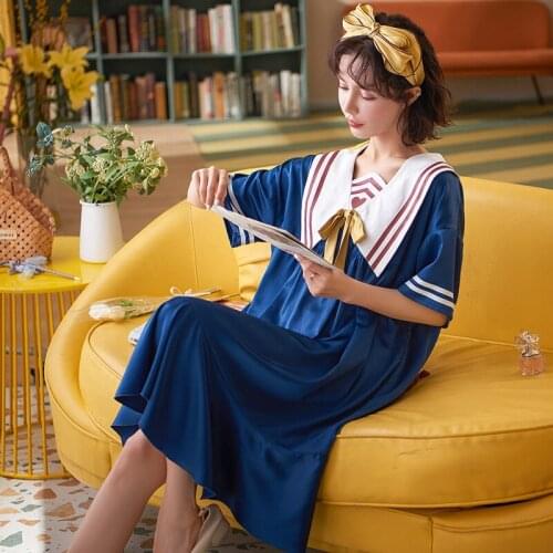 Women Silk Nightgowns Summer Doll Collar Sleep Lounge Cute Gowns JK Girls Sweet Sleepwear Nightdress Princess Nightskirt