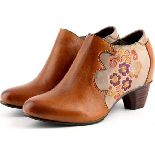 YourSeason Retro Women High Heels Round Toe Casual Zip Shoes Autumn Female Genuine Leather Shallow Embossing Shoes 2020 New