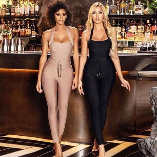 Free Shipping High Quality Black Women Turtleneck Neck Rayon Bandage Jumpsuit Sexy Bodycon Celebrity Party Jumpsuits Long Pants