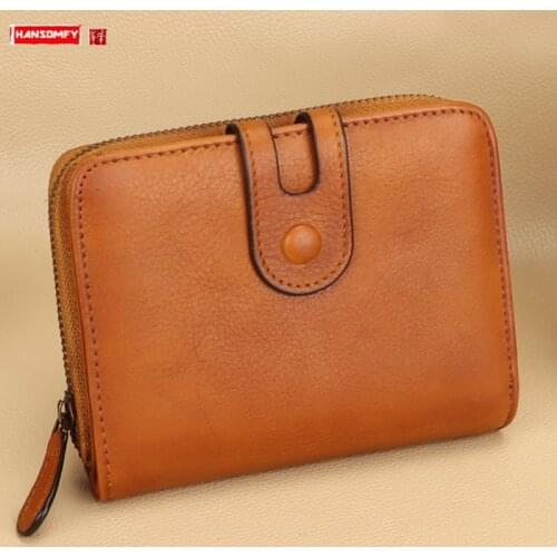 Retro ladies handmade first layer cowhide Women wallet female leather short wallet small card bag thin anti-theft brush purses