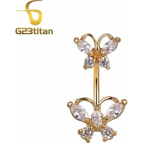 G23Titan Crystal Butterfly Pendant Belly Button Ring Beach Body Jewelry Chain Womens Navel Piercing Ring