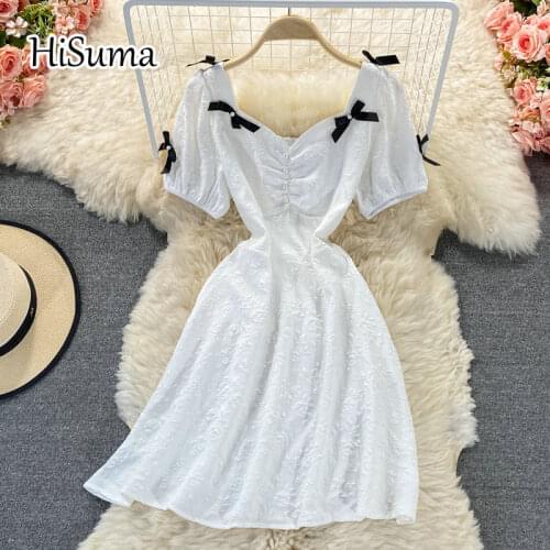 2021 summer new women square collar bow puff sleeve waist chiffon A-line dress female Chic elegant single breasted party dresses