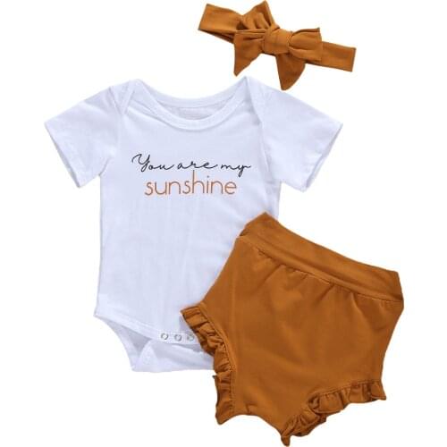 2020 New Summer 0-18M Newborn Baby Girls 3Pcs Set YOU ARE MY SUNSHINE Letter Print Short Sleeve Bodysuit+Ruffled Shorts+Headband