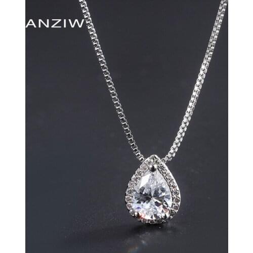 ANZIW Sterling Silver Pear Cut 6*9mm Created SONA Diamond Vintage Fine Classic Pendant Necklace for Women Jewelry Gifts