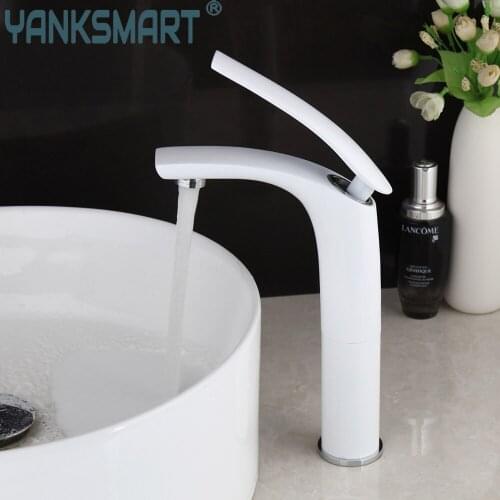 YANKSMART White Bathroom Faucet Deck Mounted Basin Sink Single Handle Bathtub Faucet Gold Washbasin Hot And Cold Water Tap