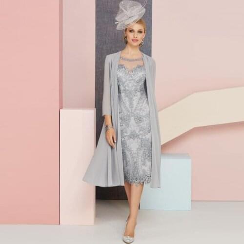 Exquisite Silver Lace Cap Sleeve Scoop Neck Knee Length Mother of the Bride Dresses With Coat Wedding Party Gowns Short 2011