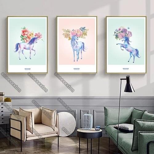 Modern Style Cartoon Animal Pictures Horses Wearing Bunch of Flowers In Head Canvas Painting Poster for Home Rooms Wall Decorati