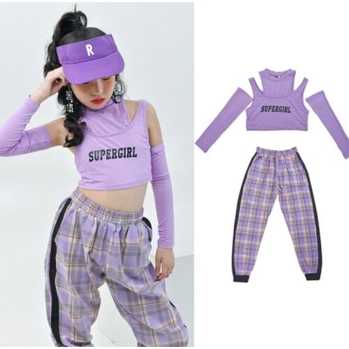 ChildrenS Day Modern Dance Hip Hop Clothes For Girls Long Sleeve Tops Purple Plaid Pants Suit Jazz Performance Costumes DQS6825