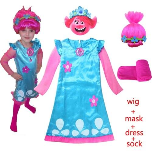 Trolls Poppy Costume Girl Dresses Anime Cosplay Costumes for Kids Halloween Christmas Party Fancy Dress Outfit Spirit Wig MASK