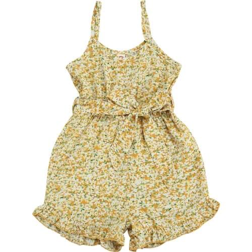 FOCUSNORM 2-7Y Summer Toddler Girls Rompers Flowers Printed Strap Sleeveless Bow Belt Jumpsuits Shorts