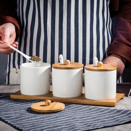 Ceramic kitchen cruet set spice jar with bamboo lid and tray kitchen supplies spice jar condiment bottles set