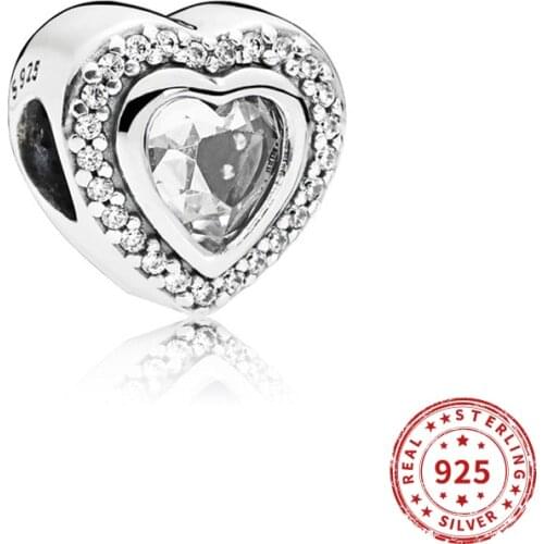 Real 925 sterling silver Beads DIY Sparkling White Heart Charm beads fit Original Pandora Bracelet Jewelry 2020