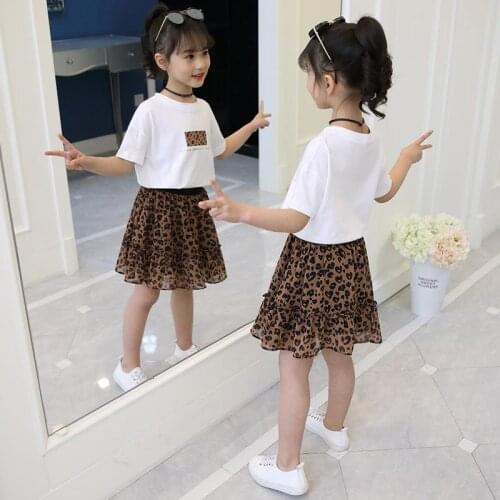 New Summer Children Clothing Sets for Girls T-shirt & Skirt 2Pcs Kid Clothes Suit Leopard Baby Girls Costume 4 6 8 10 12 Years