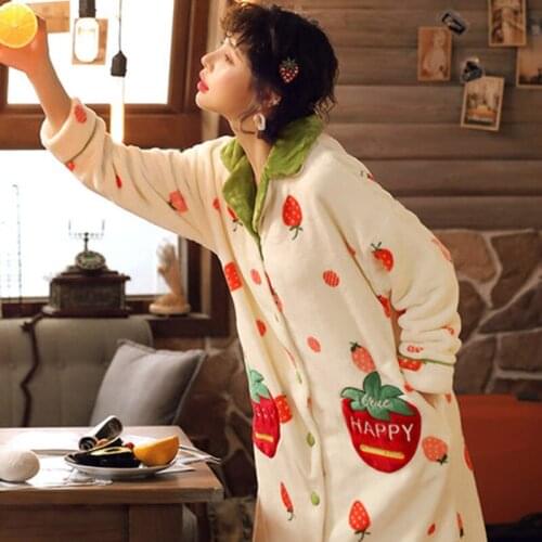 2021 New Autumn And Winter Pajamas, Coral Velvet, Thickened Strawberry Nightdress, Bathrobe, Long Pajamas, Flannel Home Clothes