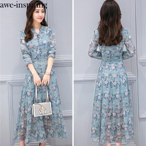 Awe-inspiring Plus Size Korean style spring floral long-sleeved Dress long chiffon Maxi dress Green Blue Sweet Women Dress